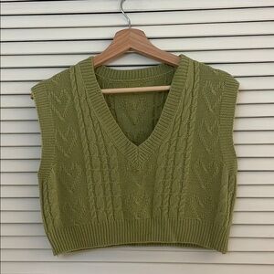 Green V-Neck Cable Knit Sweater